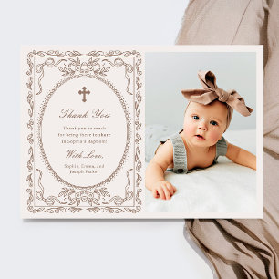 Whimsical Neutral Taupe Coquette   Photo Baptism Thank You Card
