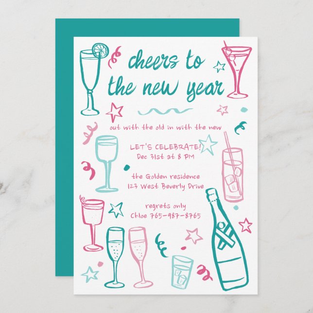 Whimsical NEW YEAR Party Cocktail Drinks Custom  Invitation (Front/Back)