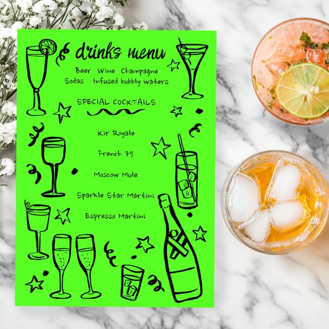 Whimsical NEW YEAR Party Cocktail Drinks Custom  Menu (Whimsical NEW YEAR Party Cocktail Drinks Custom Menu Neon Lime Green 
)