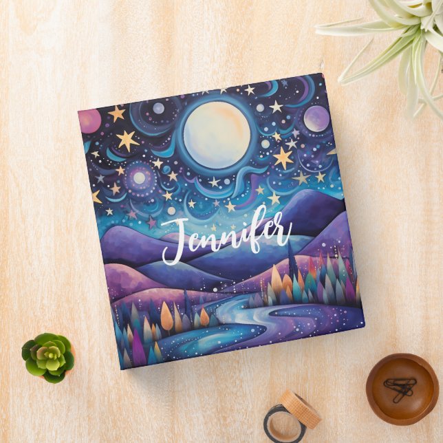 Whimsical Night Big Moon Landscape 3 Ring Binder (In Situ)