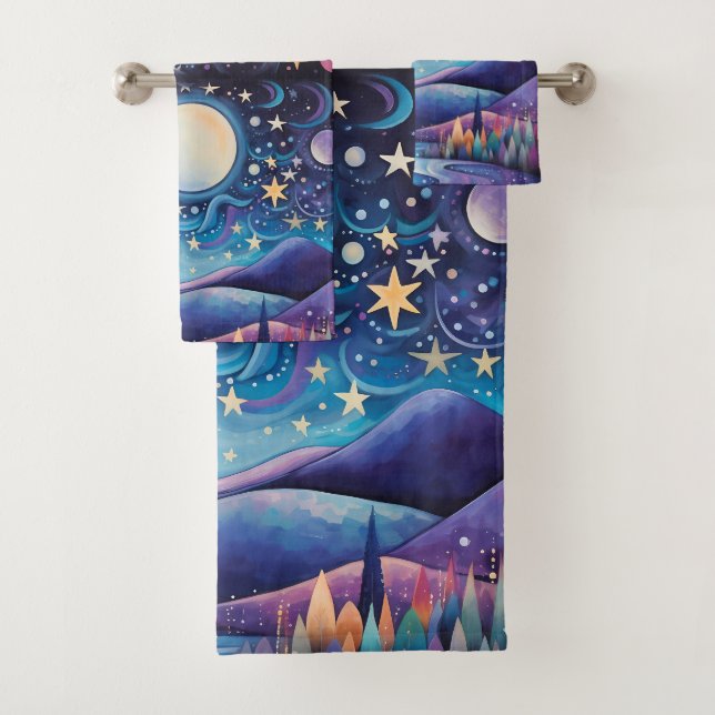 Whimsical Night Big Moon Landscape Bath Towel Set (Insitu)