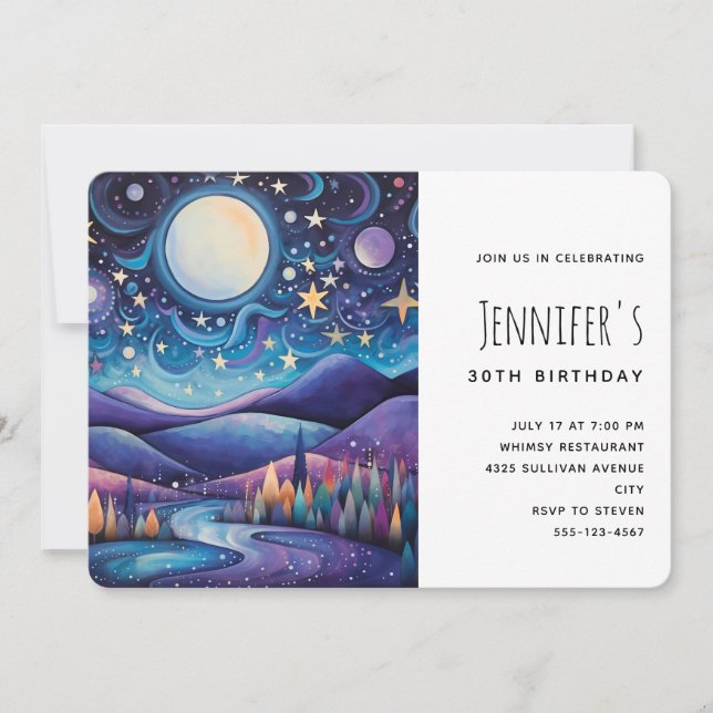 Whimsical Night Big Moon Landscape Birthday Invitation (Front)