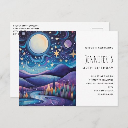 Whimsical Night Big Moon Landscape Birthday Invitation Postcard