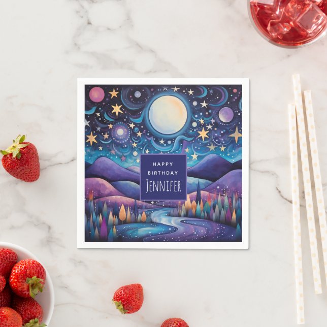 Whimsical Night Big Moon Landscape Birthday Napkins (Insitu)