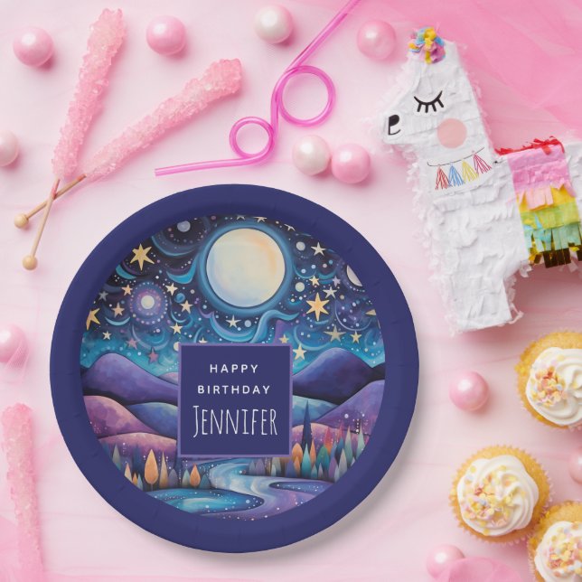 Whimsical Night Big Moon Landscape Birthday Paper Plates (Party)