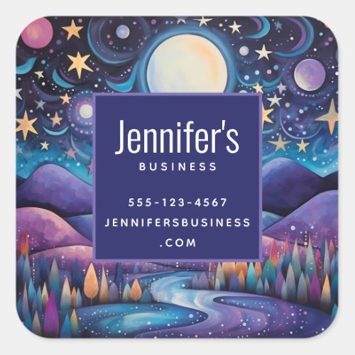Whimsical Night Big Moon Landscape Business Square Sticker