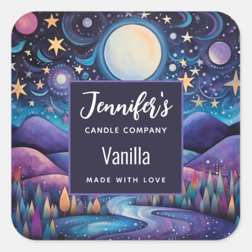 Whimsical Night Big Moon Landscape Candle Business Square Sticker