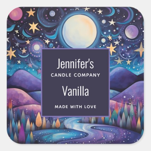Whimsical Night Big Moon Landscape Candle Business Square Sticker