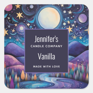 Whimsical Night Big Moon Landscape Candle Business Square Sticker