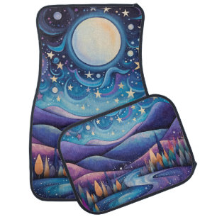 Whimsical Night Big Moon Landscape Car Floor Mat