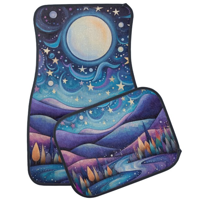 Whimsical Night Big Moon Landscape Car Floor Mat (Set)