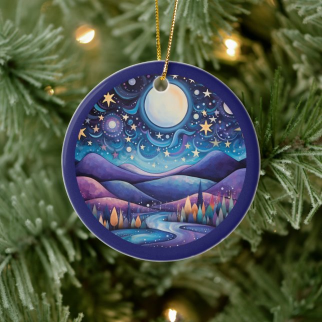 Whimsical Night Big Moon Landscape Ceramic Ornament (Tree)