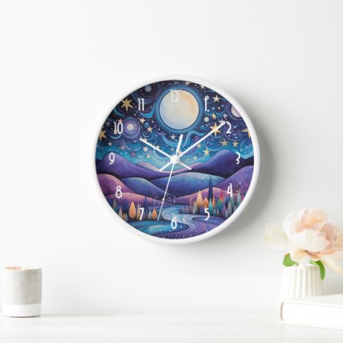 Whimsical Night Big Moon Landscape Clock