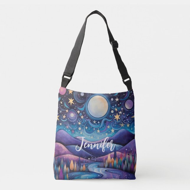 Whimsical Night Big Moon Landscape Crossbody Bag (Front)