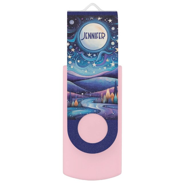 Whimsical Night Big Moon Landscape Flash Drive (Front Vertical)