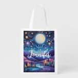 Whimsical Night Big Moon Landscape Grocery Bag