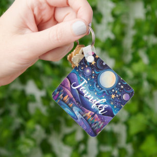 Whimsical Night Big Moon Landscape Keychain