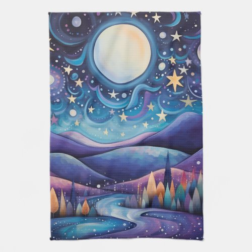 Whimsical Night Big Moon Landscape Kitchen Towel