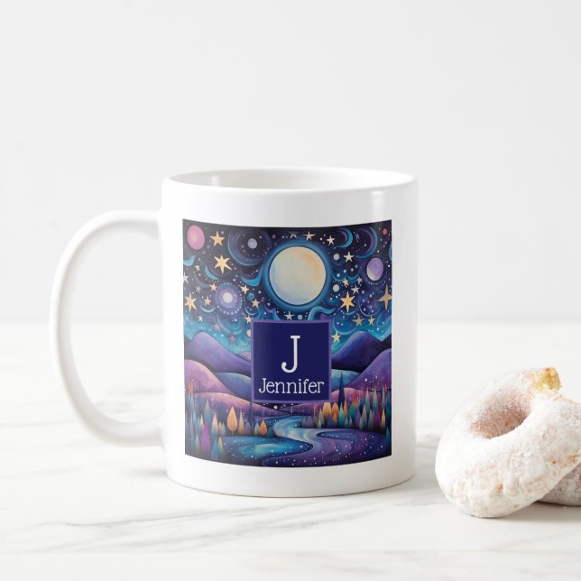 Whimsical Night Big Moon Landscape Monogram Coffee Mug (With Donut)