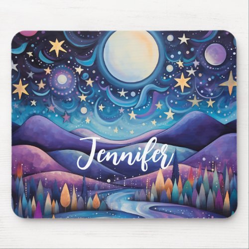 Whimsical Night Big Moon Landscape Mouse Pad