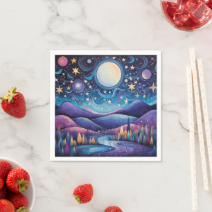 Whimsical Night Big Moon Landscape Napkins