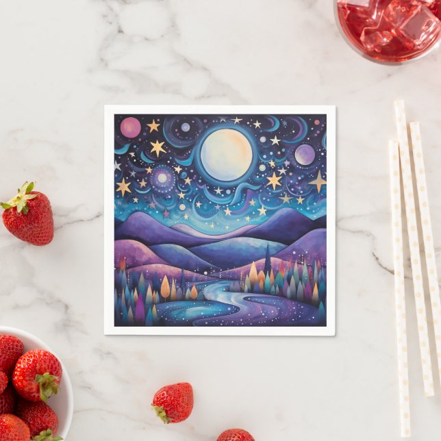 Whimsical Night Big Moon Landscape Napkins (Insitu)