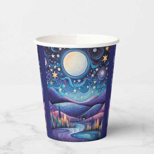 Whimsical Night Big Moon Landscape Paper Cups