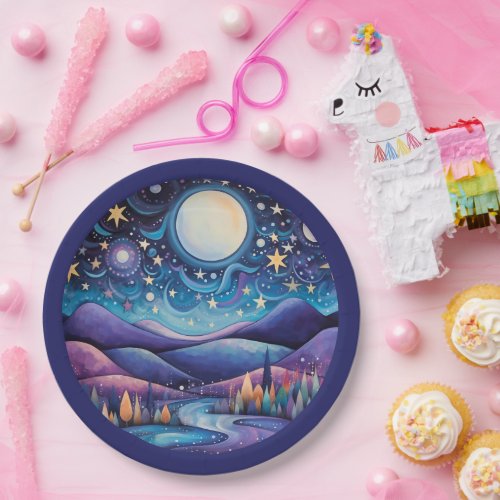 Whimsical Night Big Moon Landscape Paper Plates
