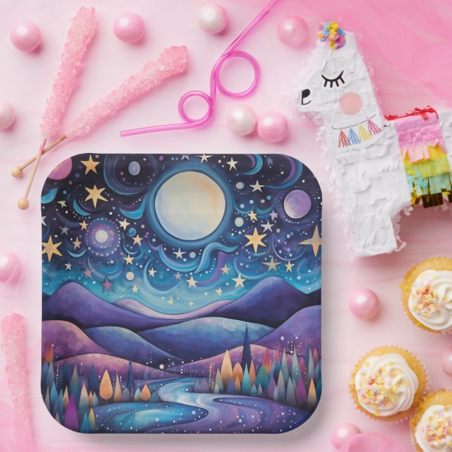 Whimsical Night Big Moon Landscape Paper Plates (Party)
