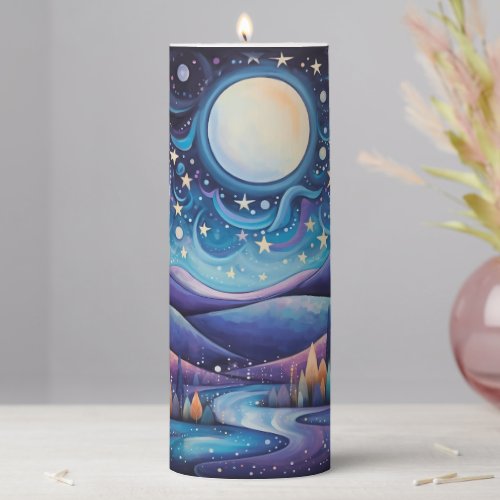 Whimsical Night Big Moon Landscape Pillar Candle