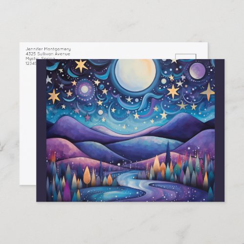 Whimsical Night Big Moon Landscape Postcard