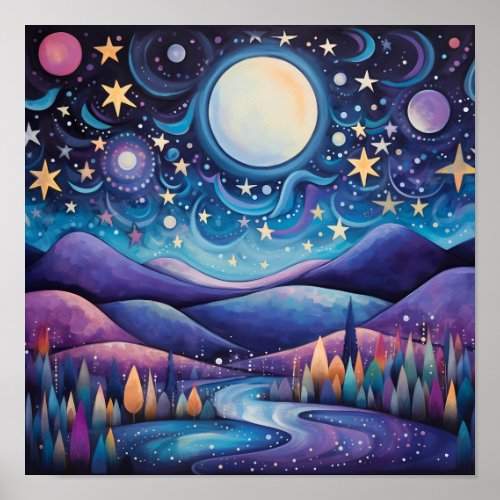 Whimsical Night Big Moon Landscape Poster