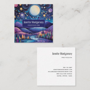 Whimsical Night Big Moon Landscape Square Business Card