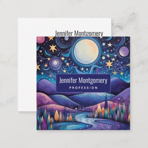 Whimsical Night Big Moon Landscape Square Business Card
