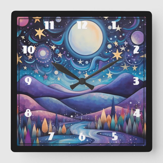 Whimsical Night Big Moon Landscape Square Wall Clock (Front)