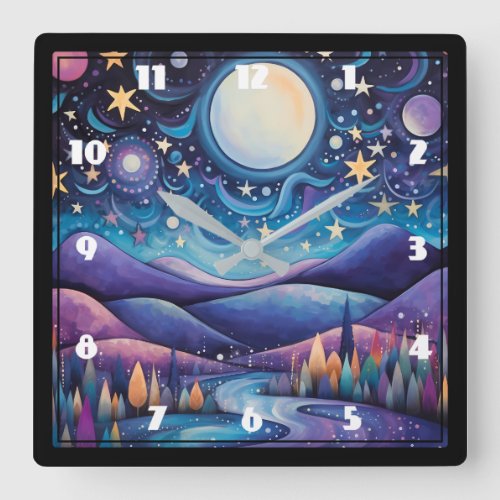 Whimsical Night Big Moon Landscape Square Wall Clock