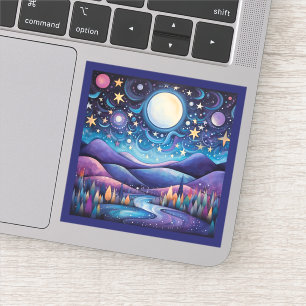Whimsical Night Big Moon Landscape Sticker