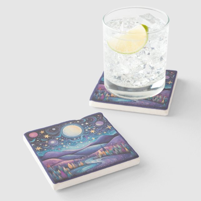 Whimsical Night Big Moon Landscape Stone Coaster (Side)