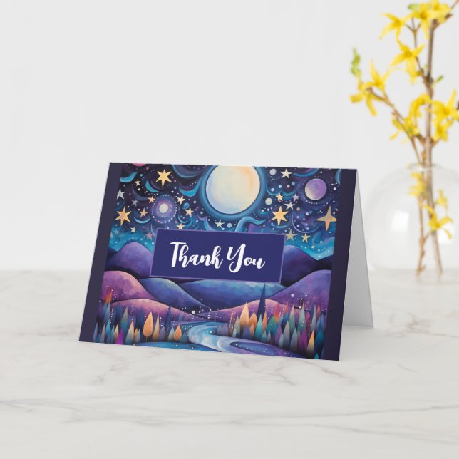 Whimsical Night Big Moon Landscape Thank You Card (Yellow Flower)
