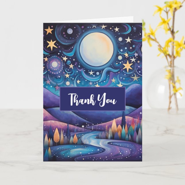 Whimsical Night Big Moon Landscape Thank You Card (Yellow Flower)