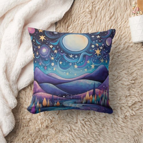 Whimsical Night Big Moon Landscape Throw Pillow