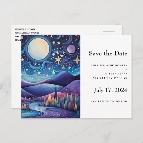 Whimsical Night Big Moon Landscape Wedding Announcement Postcard