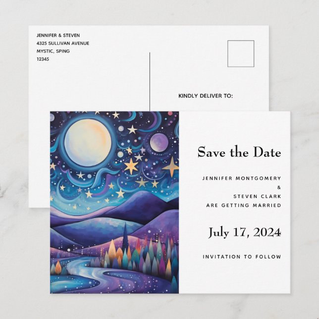 Whimsical Night Big Moon Landscape Wedding Announcement Postcard (Front/Back)