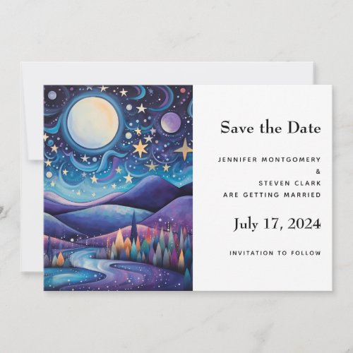 Whimsical Night Big Moon Landscape Wedding Save The Date