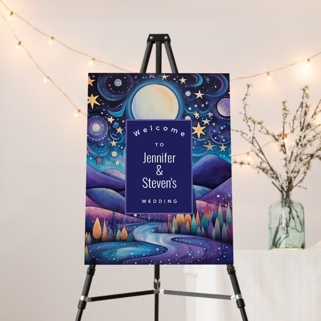 Whimsical Night Big Moon Landscape Wedding Welcome Foam Board (In Situ (Stand))