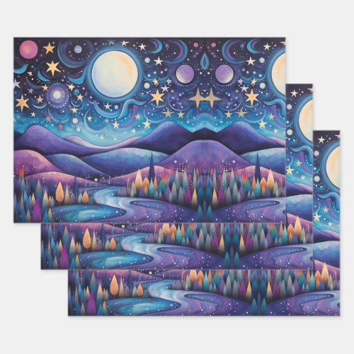 Whimsical Night Big Moon Landscape Wrapping Paper Sheets