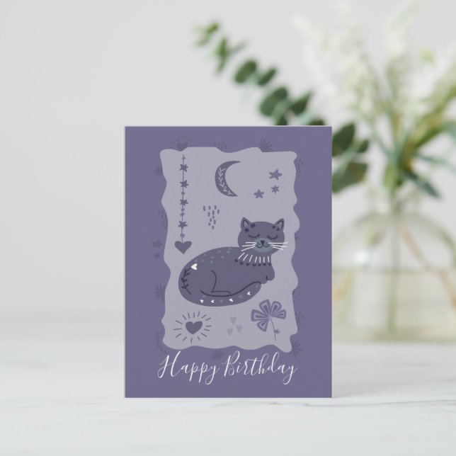 Whimsical Night Cat Folk Art Birthday Postcard (Standing Front)