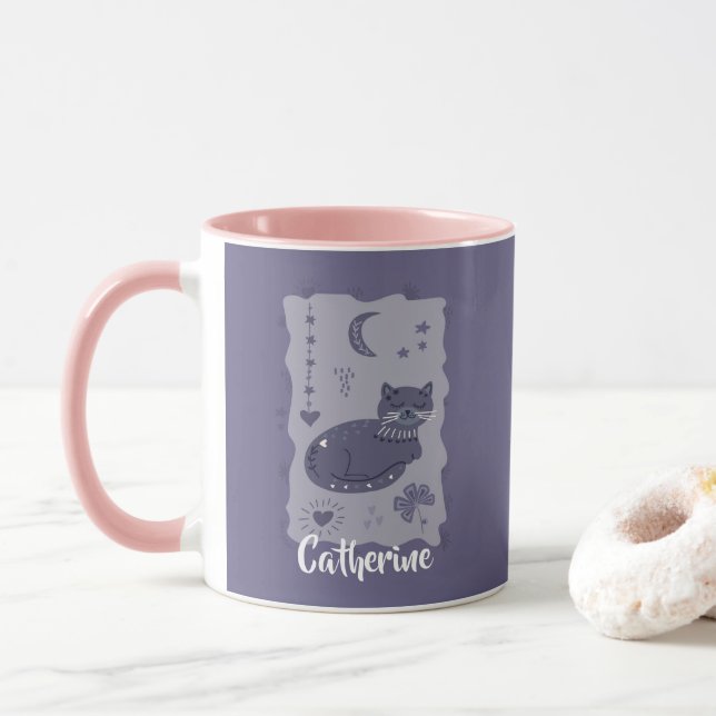 Whimsical Night Cat Folk Art Custom Mug (With Donut)
