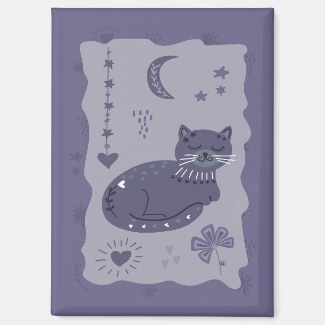 Whimsical Night Cat Folk Art Magnet (Front)
