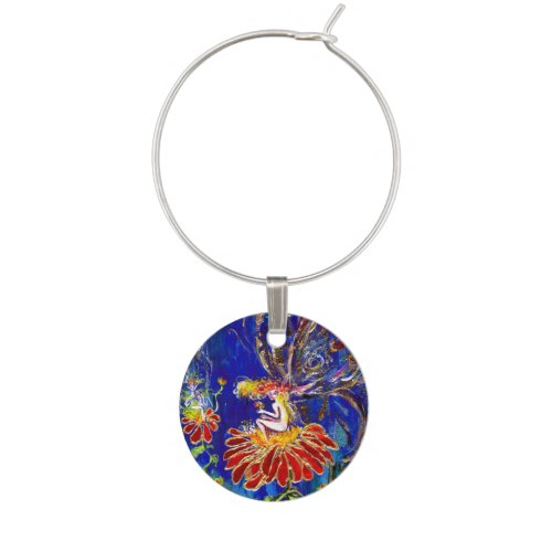 WHIMSICAL NIGHT FAIRY IN RED BLUE AND GOLD WINE CHARM